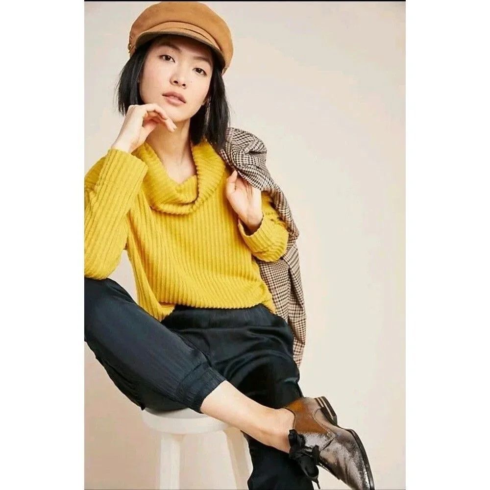 Anthropologie Maeve Vanna Yellow Sweater Size Medium Knit Mock Neck Oversized